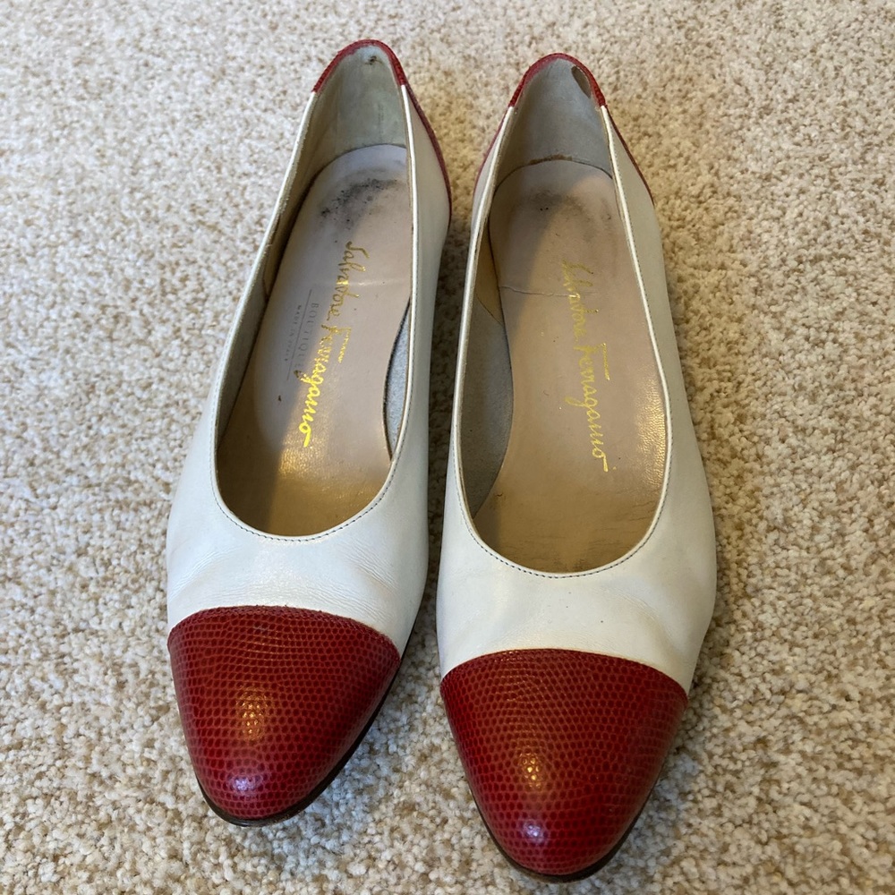 Red and white Ferragamo low heels 7.5 AA